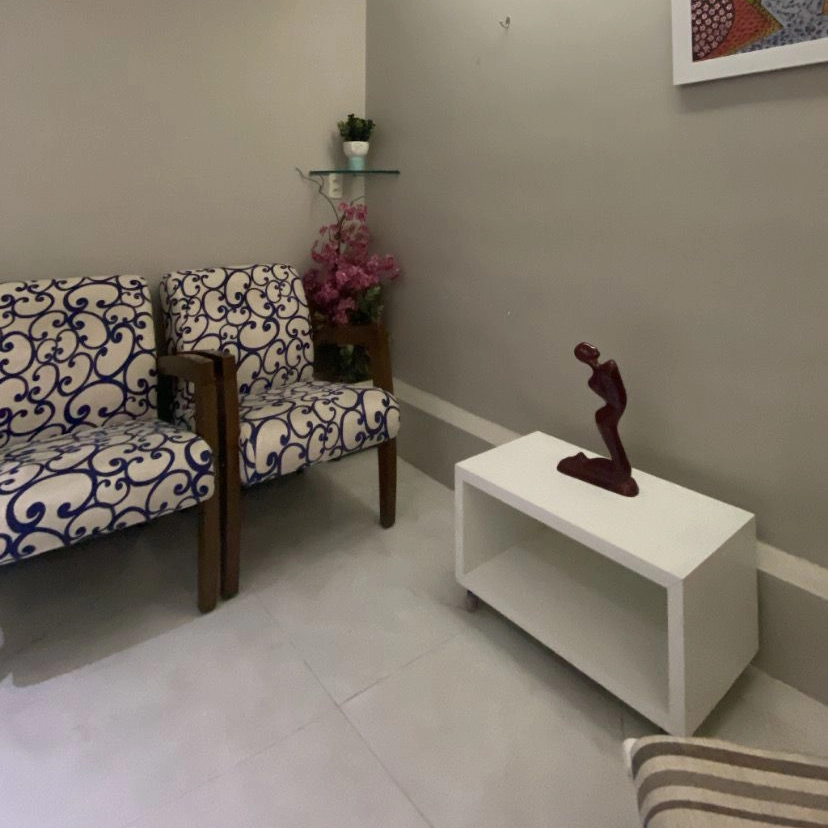 foto do ambiente de atendimento com duas cadeiras, um vaso de planta e uma mesa de canto