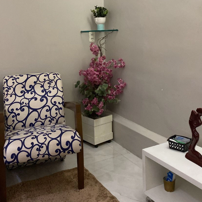 foto do ambiente de atendimento com uma cadeira, um vaso de planta e uma mesa de canto